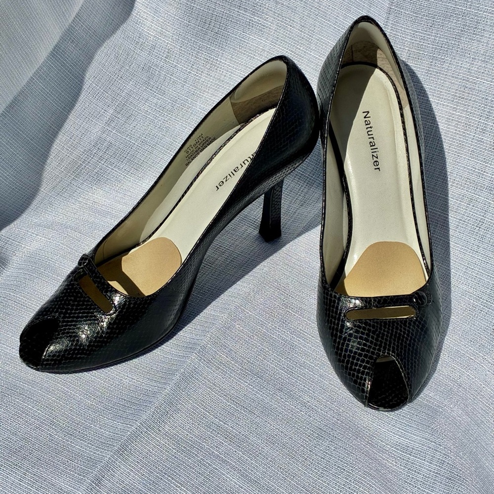Black Faux Snakeskin Heels